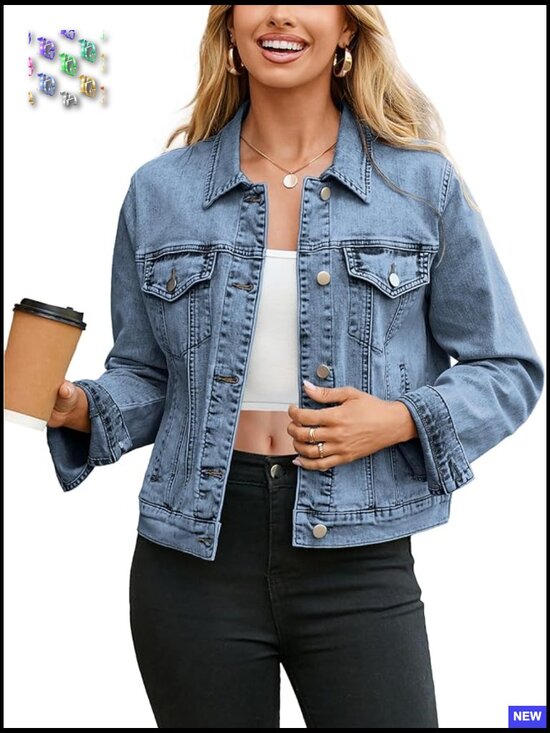 Jackets & Blazers - Classic Denim Jacket Long Sleeve Button Down Fitted Western Coat with Pockets